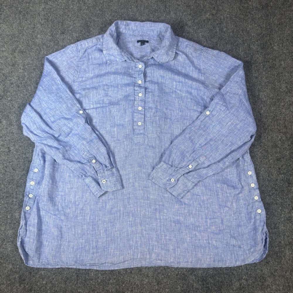 Talbots Plus Womens 2X Blue 100% Linen Tunic Roll Tab Sleeve Side Button Top